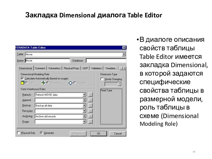 Закладка Dimensional диалога Table Editor В диалоге описания свойств таблицы Table Editor имеется