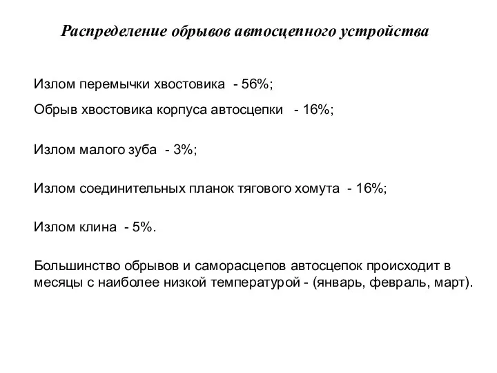 Распределение обрывов автосцепного устройства Излом перемычки хвостовика - 56%; Обрыв