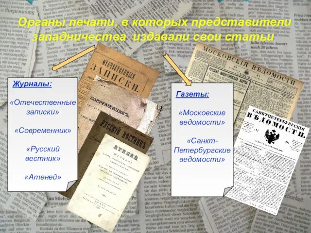 Органы печати, в которых представители западничества издавали свои статьи Журналы: «Отечественные записки» «Современник»