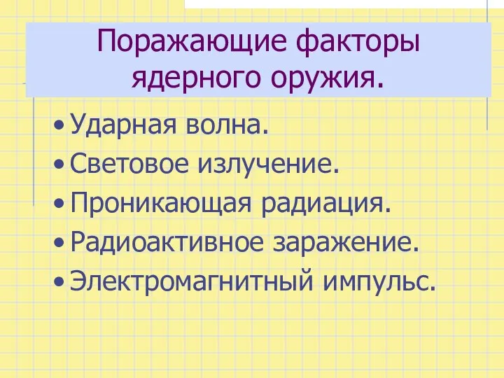 Поражающие факторы ядерного оружия. Ударная волна. Световое излучение. Проникающая радиация. Радиоактивное заражение. Электромагнитный импульс.