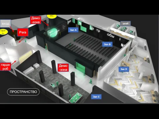 Демо-зона вход Рега гардероб Зал А Зал B Зал C Зал D Демо-зона WC курить штаб
