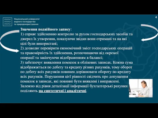 4 Значення подвійного запису: 1) сприяє здійсненню контролю за рухом