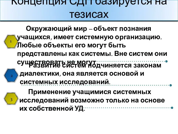 Концепция СДП базируется на тезисах Окружающий мир – объект познания