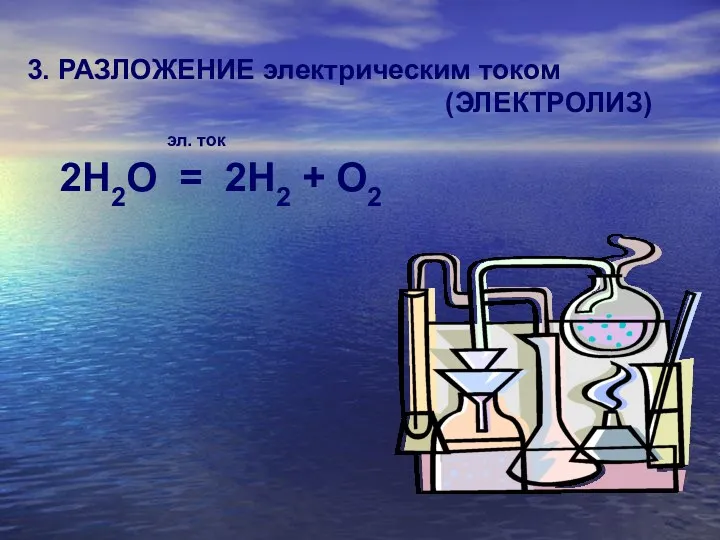 3. РАЗЛОЖЕНИЕ электрическим током (ЭЛЕКТРОЛИЗ) эл. ток 2H2O = 2H2 + O2 ⁭