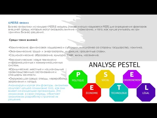 6.PESTLE-анализ Бизнес-аналитики используют PESTLE-модель (также иногда называется PEST) для определения