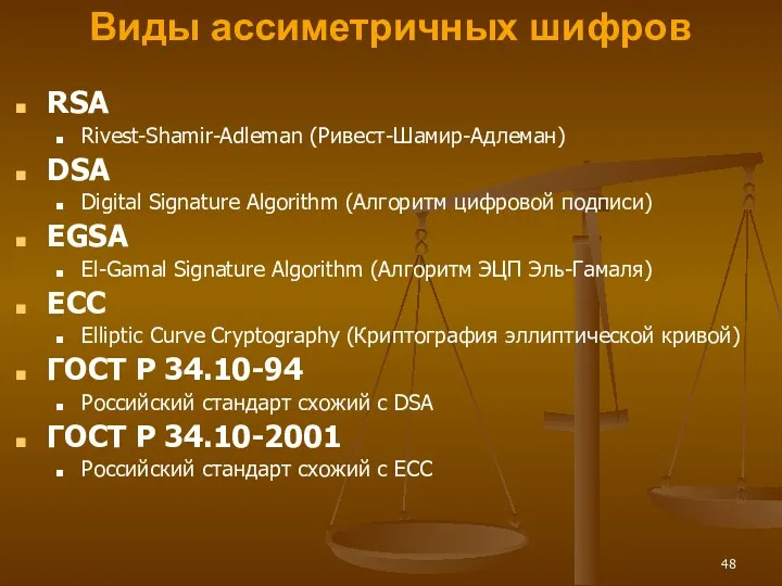 Виды ассиметричных шифров RSA Rivest-Shamir-Adleman (Ривест-Шамир-Адлеман) DSA Digital Signature Algorithm (Алгоритм цифровой подписи)