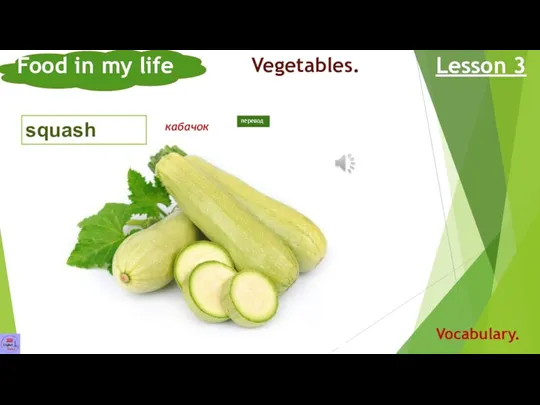 squash Food in my life Lesson 3 Vocabulary. Vegetables. кабачок перевод