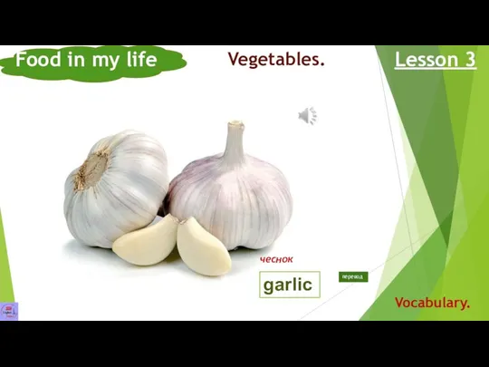 Food in my life Lesson 3 Vocabulary. Vegetables. garlic чеснок перевод