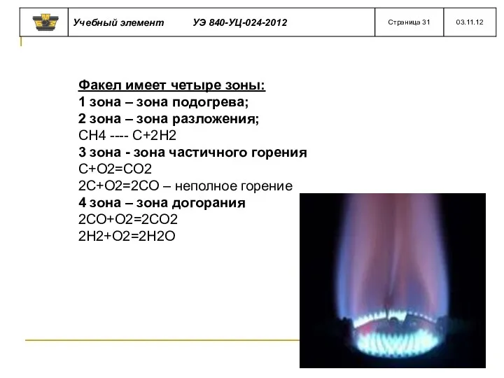 Факел имеет четыре зоны: 1 зона – зона подогрева; 2