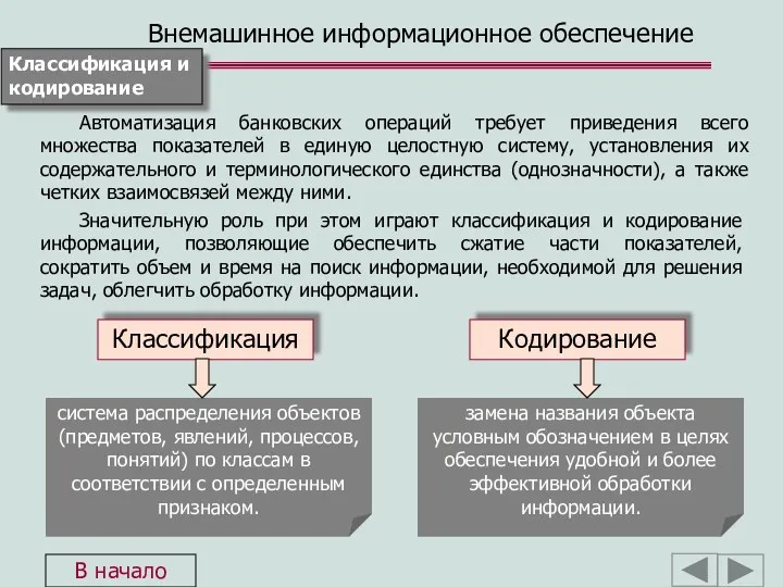 Значительную роль при этом играют классификация и кодирование информации, позволяющие