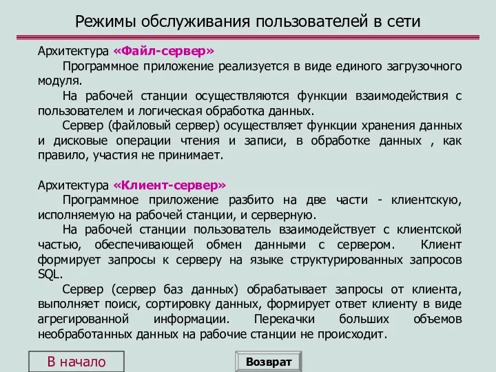 Архитектура «Файл-сервер» Программное приложение реализуется в виде единого загрузочного модуля.