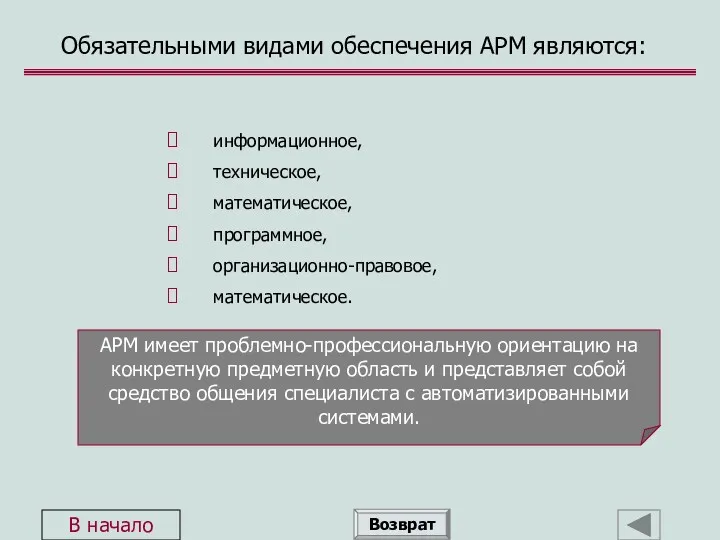 Обязательными видами обеспечения АРМ являются: информационное, техническое, математическое, программное, организационно-правовое,