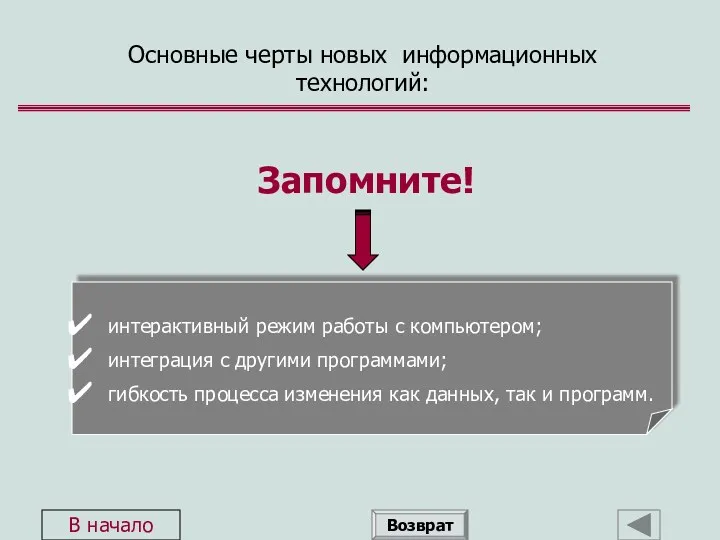 Запомните! интерактивный режим работы с компьютером; интеграция с другими программами;