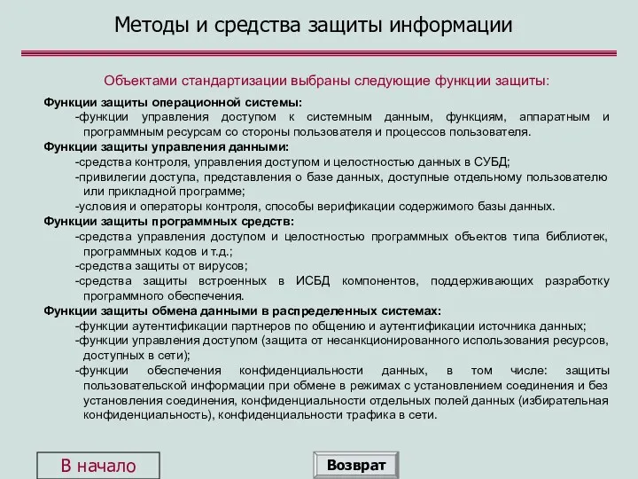 Методы и средства защиты информации Объектами стандартизации выбраны следующие функции