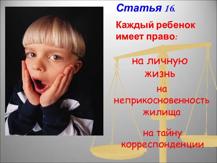 Статья 16. Каждый ребенок имеет право: на личную жизнь на неприкосновенность жилища на тайну корреспонденции