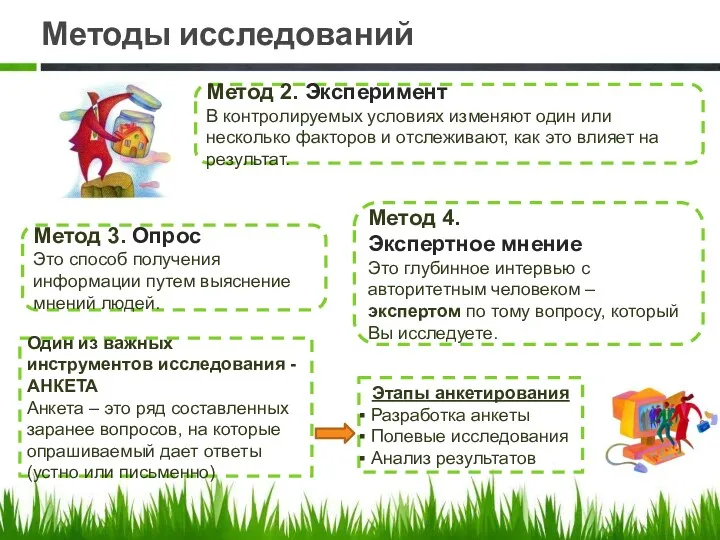 Методы исследований Метод 2. Эксперимент В контролируемых условиях изменяют один или несколько факторов