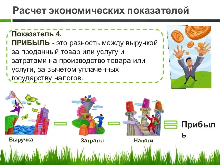 Расчет экономических показателей Показатель 4. ПРИБЫЛЬ - это разность между выручкой за проданный