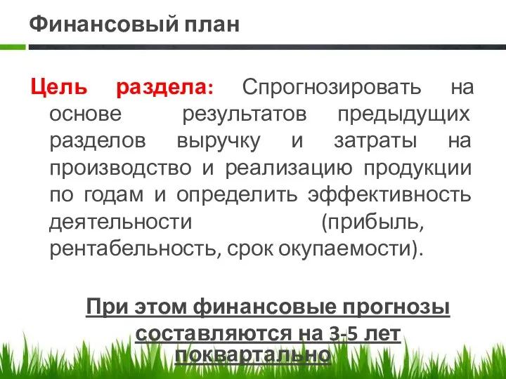 Финансовый план Цель раздела: Спрогнозировать на основе результатов предыдущих разделов выручку и затраты