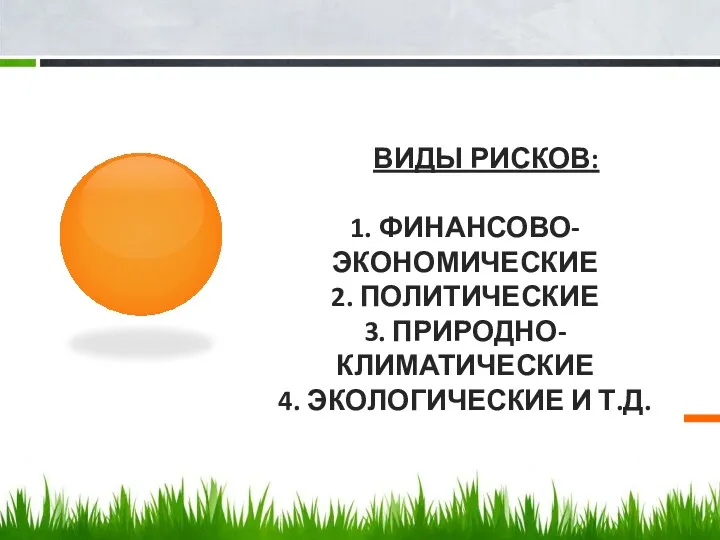 ВИДЫ РИСКОВ: 1. ФИНАНСОВО-ЭКОНОМИЧЕСКИЕ 2. ПОЛИТИЧЕСКИЕ 3. ПРИРОДНО-КЛИМАТИЧЕСКИЕ 4. ЭКОЛОГИЧЕСКИЕ И Т.Д.