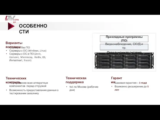 ОСОБЕННОСТИ Варианты поставки Серверы без ПО Серверы с ОС (Windows,