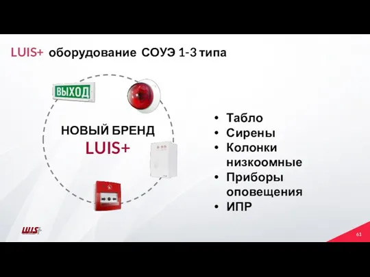 LUIS+ оборудование СОУЭ 1-3 типа НОВЫЙ БРЕНД LUIS+ Табло Сирены Колонки низкоомные Приборы оповещения ИПР