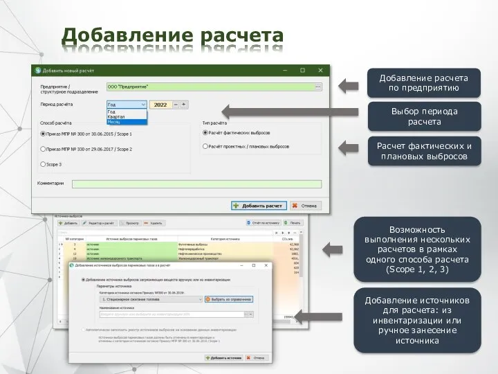 Добавление расчета Добавление расчета по предприятию Выбор периода расчета Расчет