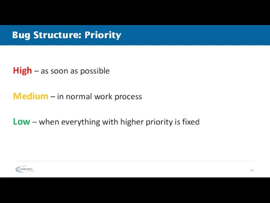Bug Structure: Priority High – as soon as possible Medium – in normal