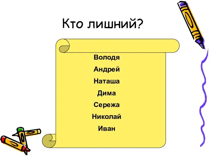 Кто лишний? Володя Андрей Наташа Дима Сережа Николай Иван