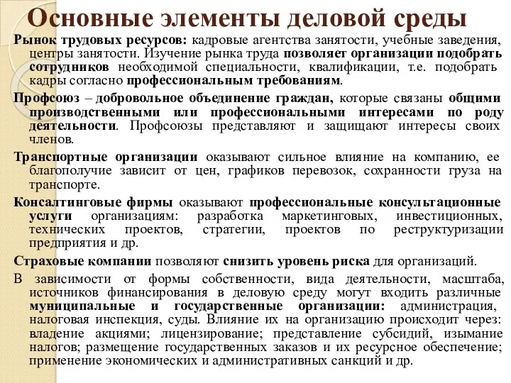 Основные элементы деловой среды Рынок трудовых ресурсов: кадровые агентства занятости,