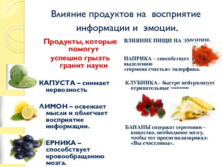 Влияние продуктов на восприятие информации и эмоции. Продукты, которые помогут