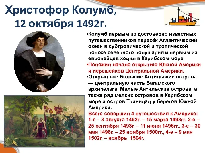 Христофор Колумб, 12 октября 1492г. Колумб первым из достоверно известных