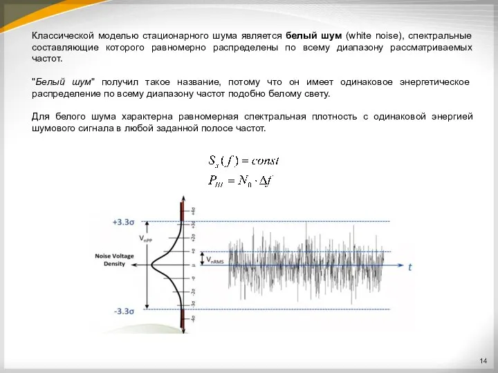 Классической моделью стационарного шума является белый шум (white noise), спектральные составляющие которого равномерно