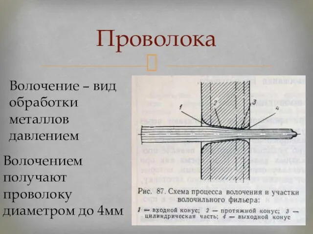 Проволока Волочение – вид обработки металлов давлением Волочением получают проволоку диаметром до 4мм