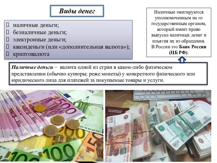 Виды денег наличные деньги; безналичные деньги; электронные деньги; квазиденьги (или