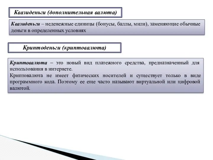 Квазиденьги (дополнительная валюта) Квазиденьги – неденежные единицы (бонусы, баллы, мили),