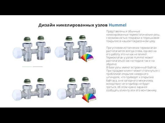 Дизайн никелированных узлов Hummel Представлены и обычные никелированные термостатические узлы,