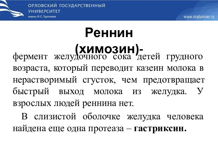 фермент желудочного сока детей грудного возраста, который переводит казеин молока