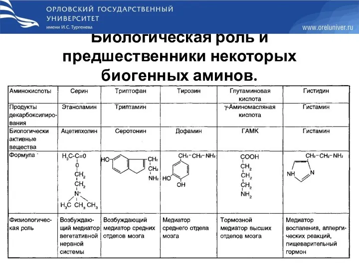 Биологическая роль и предшественники некоторых биогенных аминов.