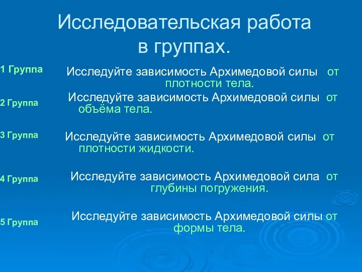 Исследовательская работа в группах. Исследуйте зависимость Архимедовой силы от плотности