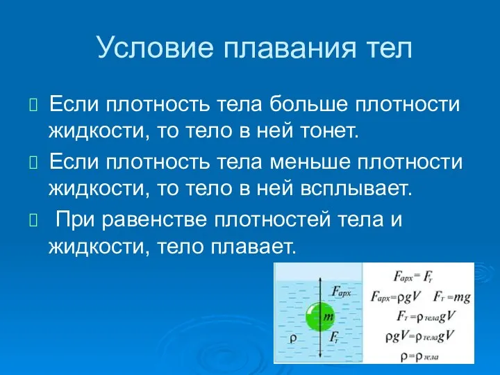 Условие плавания тел Если плотность тела больше плотности жидкости, то