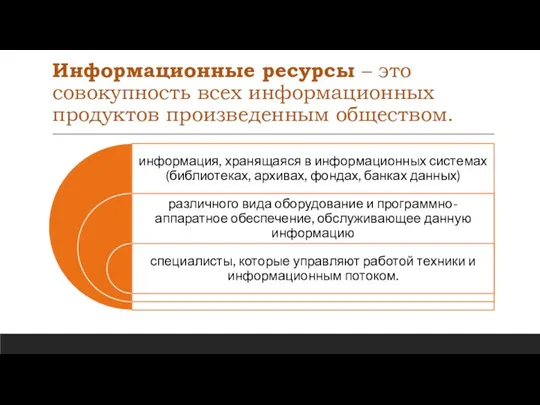 Информационные ресурсы – это совокупность всех информационных продуктов произведенным обществом.