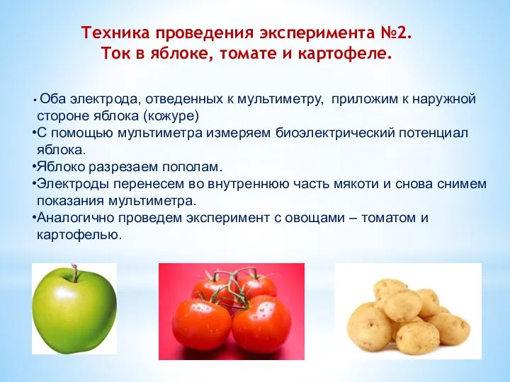 Техника проведения эксперимента №2. Ток в яблоке, томате и картофеле.