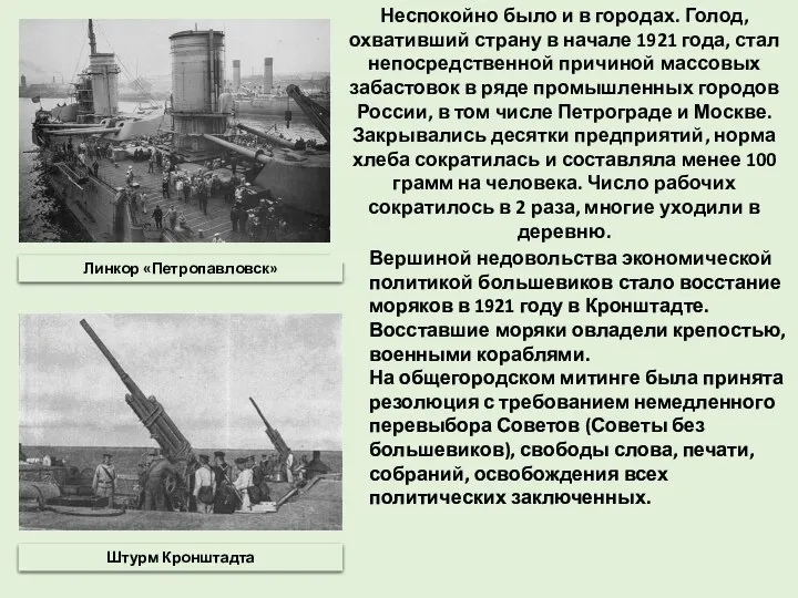 Линкор «Петропавловск» Штурм Кронштадта Неспокойно было и в городах. Голод,