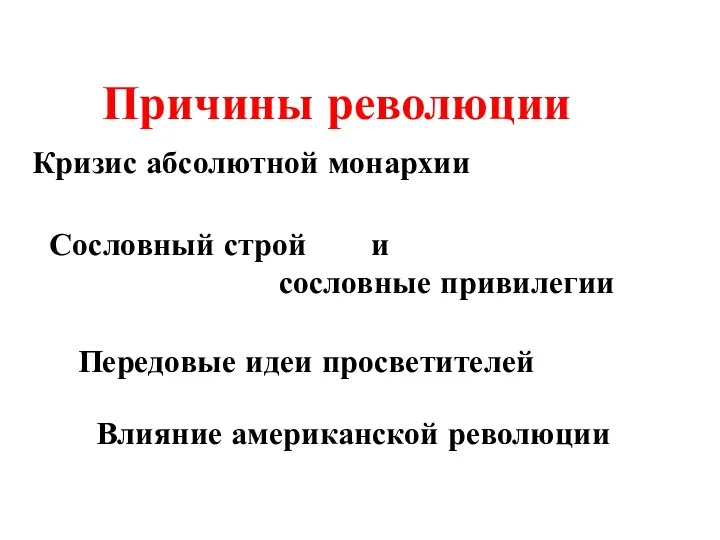 Причины революции Кризис абсолютной монархии Сословный строй и сословные привилегии Передовые идеи просветителей Влияние американской революции