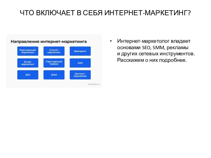 ЧТО ВКЛЮЧАЕТ В СЕБЯ ИНТЕРНЕТ-МАРКЕТИНГ? Интернет-маркетолог владеет основами SEO, SMM,