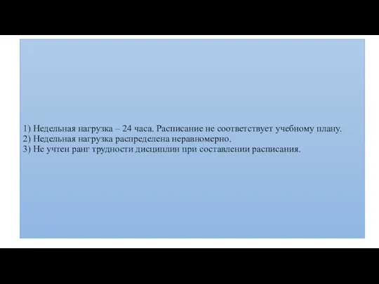 1) Недельная нагрузка – 24 часа. Расписание не соответствует учебному