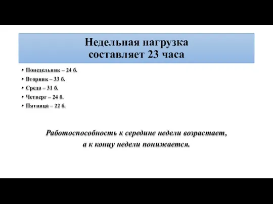 Недельная нагрузка составляет 23 часа Понедельник – 24 б. Вторник