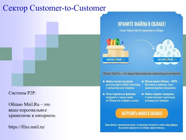 Сектор Customer-to-Customer Системы P2P: Облако Mail.Ru – это ваше персональное хранилище в интернете. https://files.mail.ru/