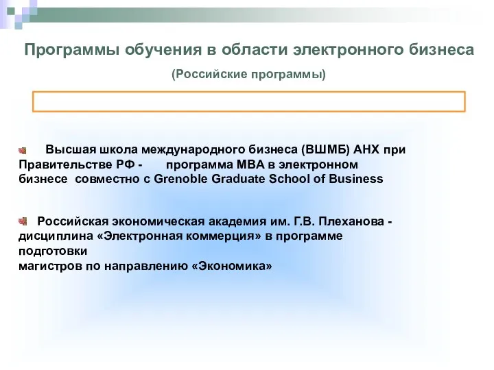 Программы обучения в области электронного бизнеса (Российские программы) Высшая школа