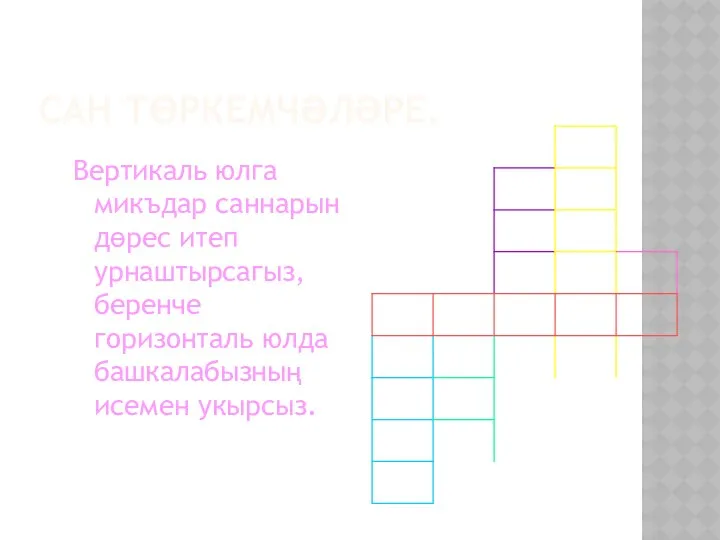 САН ТӨРКЕМЧӘЛӘРЕ. Вертикаль юлга микъдар саннарын дөрес итеп урнаштырсагыз, беренче горизонталь юлда башкалабызның исемен укырсыз.